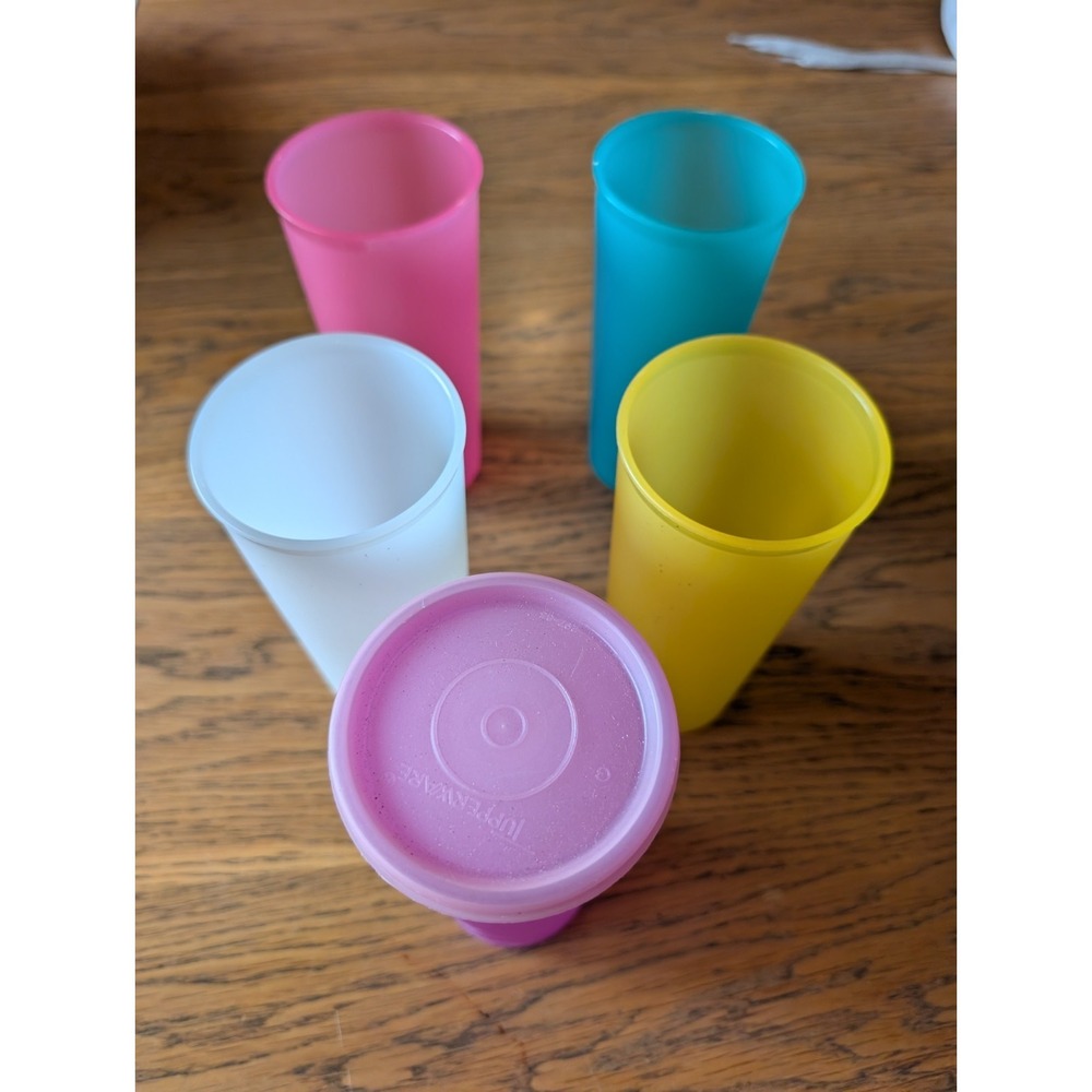5 Vintage Tupperware Pastel Colors 16 oz Tall Tumblers Cups 107-53 1 Lid EUC